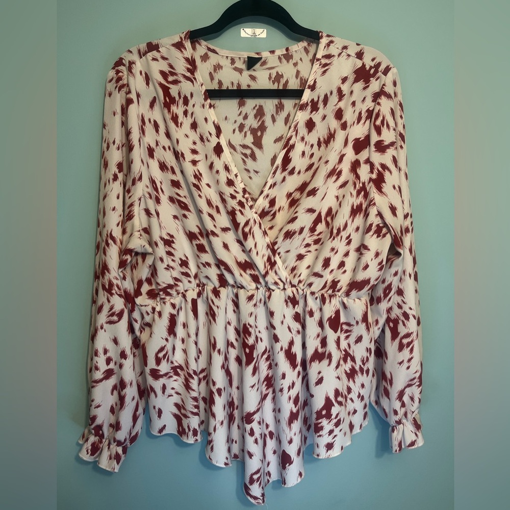 Shein Boho Red Leopard Print Surplice Peplum Top Red and White Shein Curve 2XL